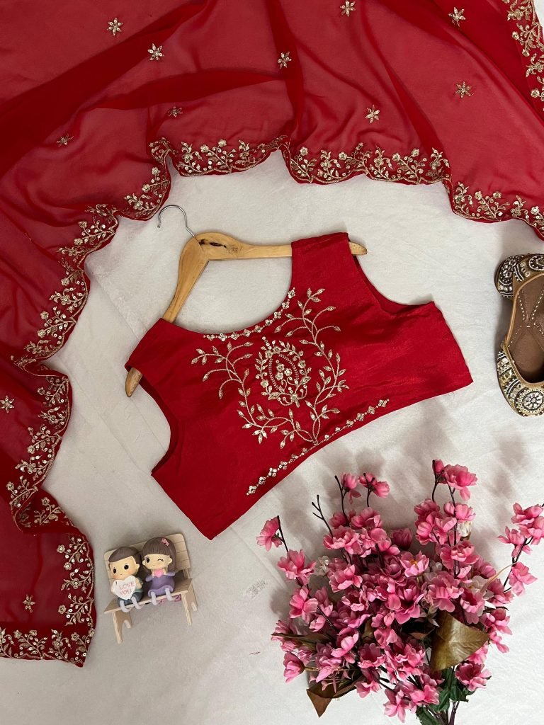 Rani chinon sequins embroidery work kurti-pant & blouse and dupatta set