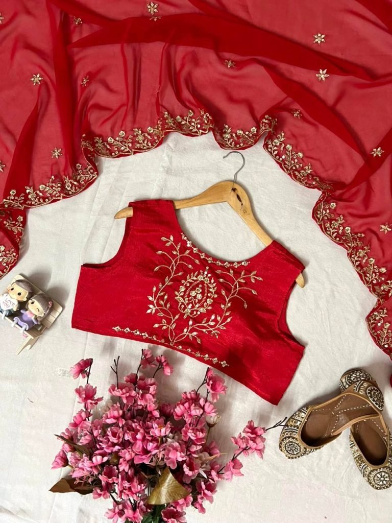Rani chinon sequins embroidery work kurti-pant & blouse and dupatta set