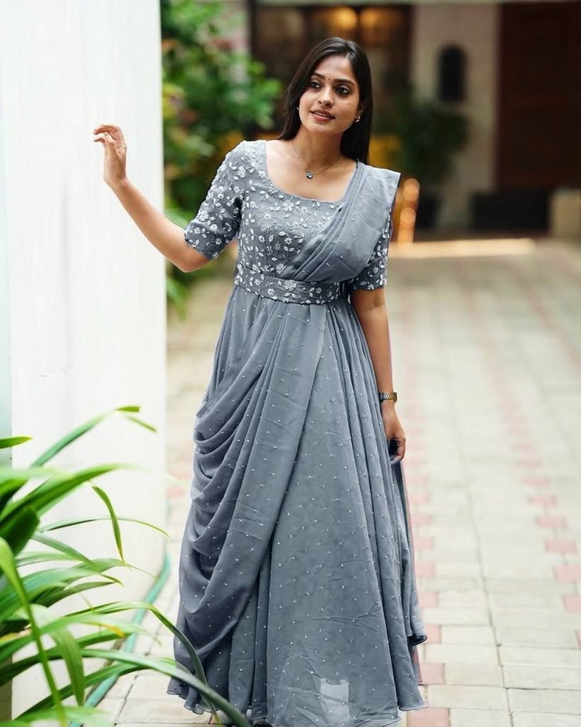 Grey georgette sequins zari & thread embroidery work gown attached dupatta & belt
