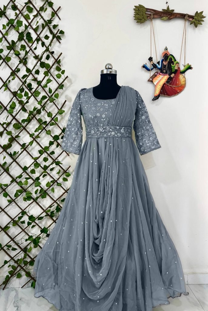 Grey georgette sequins zari & thread embroidery work gown attached dupatta & belt