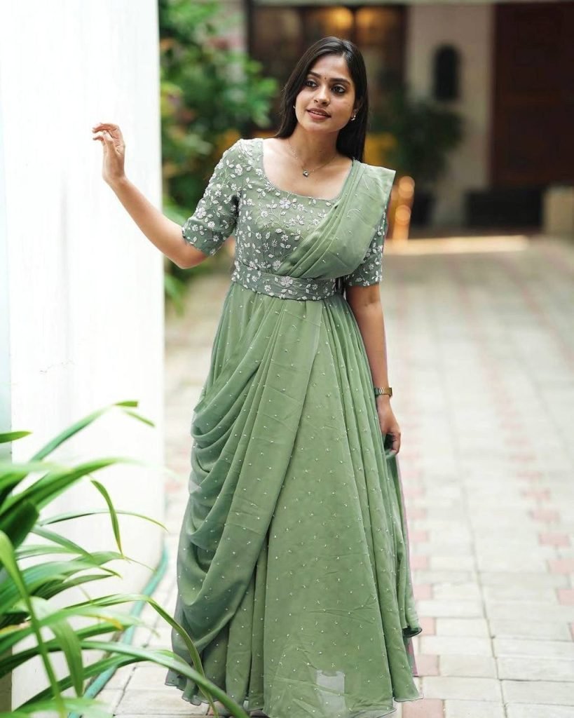 Pista georgette sequence zari & thread embroidery work gown attached dupatta & belt