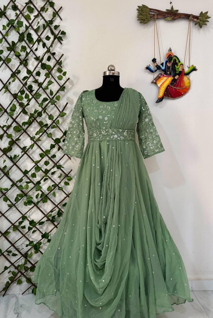 Pista georgette sequence zari & thread embroidery work gown attached dupatta & belt