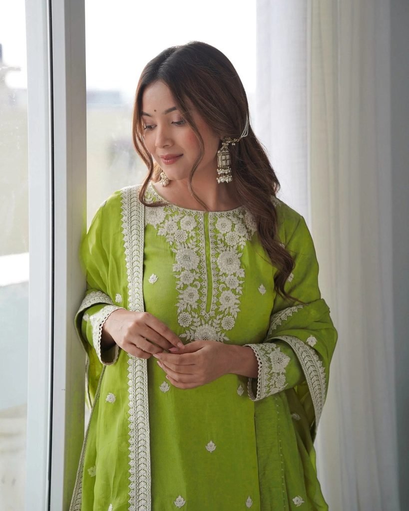 Light green chinon embroidered kurta sharara dupatta Set