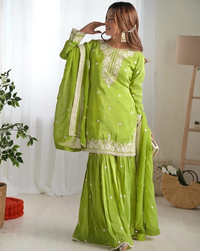 Light green chinon embroidered kurta sharara dupatta Set