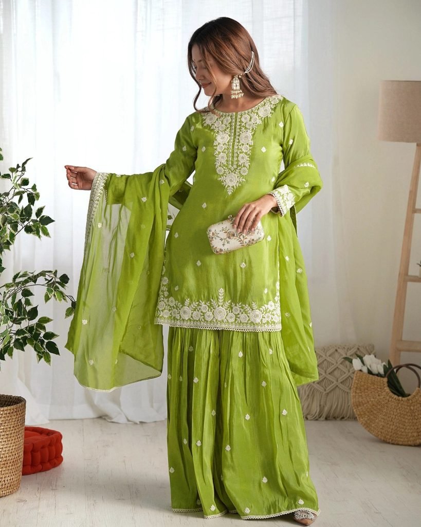 Light green chinon embroidered kurta sharara dupatta Set