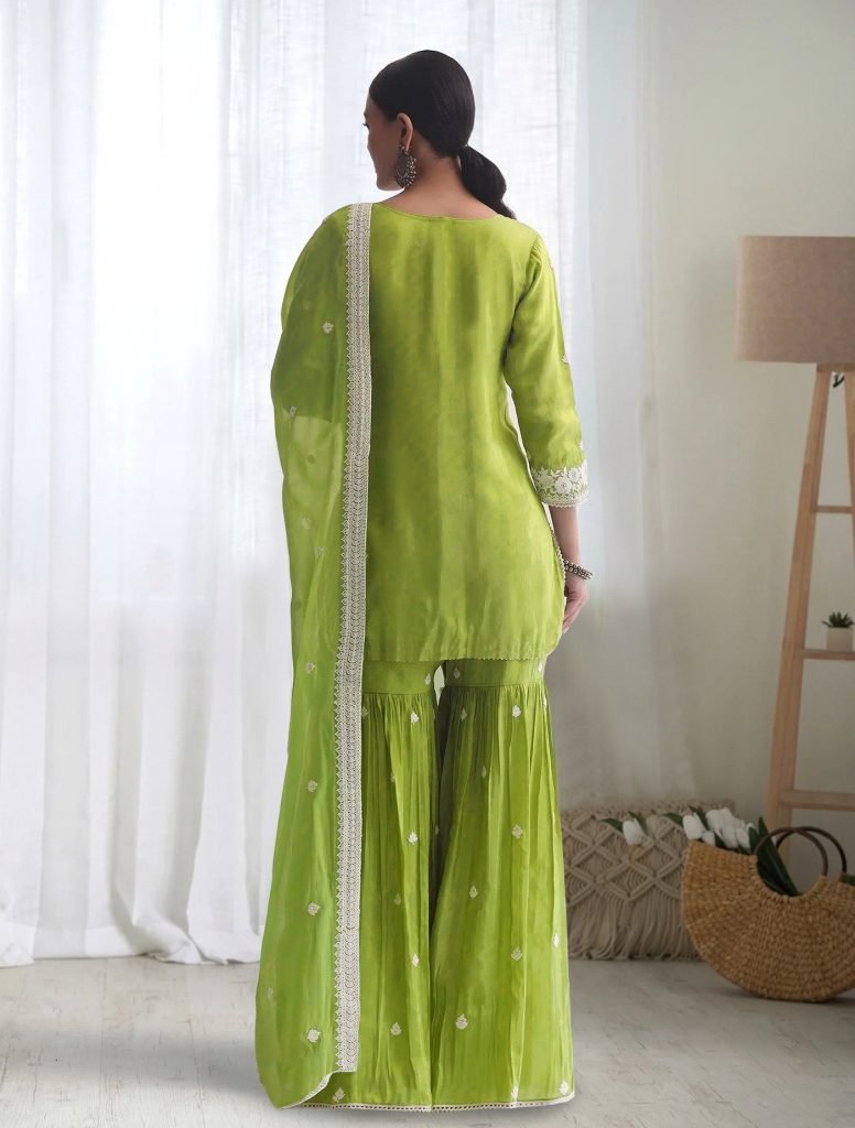 Light green chinon embroidered kurta sharara dupatta Set