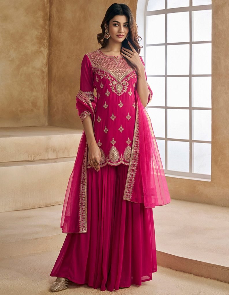 Pink georgette embroidered kurta sharara dupatta set