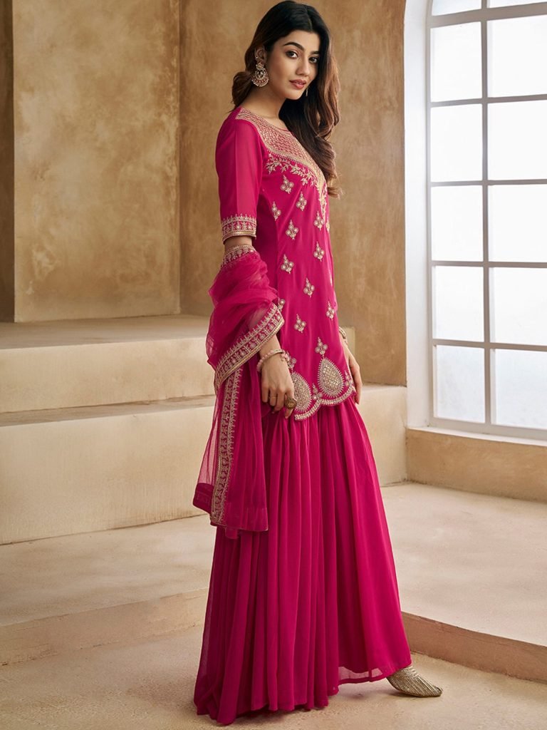 Pink georgette embroidered kurta sharara dupatta set