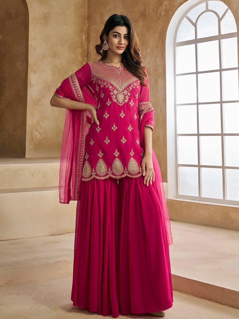 Pink georgette embroidered kurta sharara dupatta set