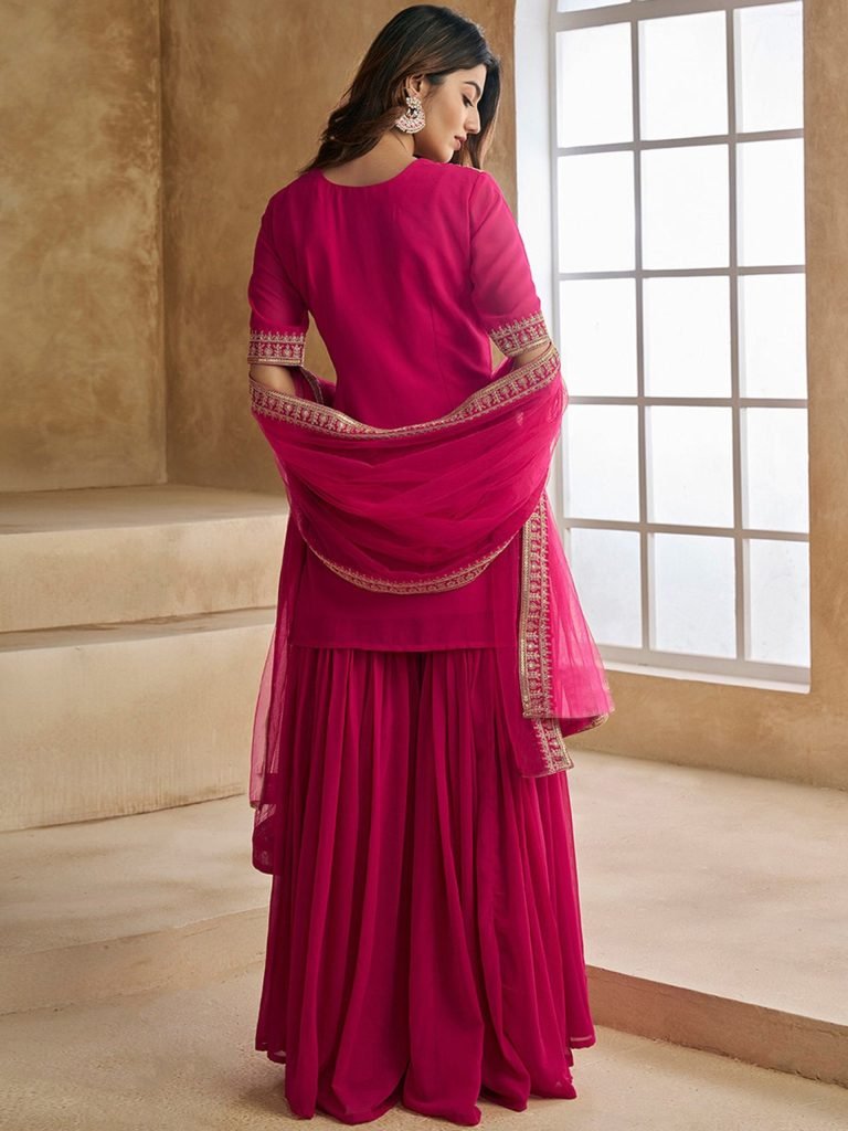 Pink georgette embroidered kurta sharara dupatta set
