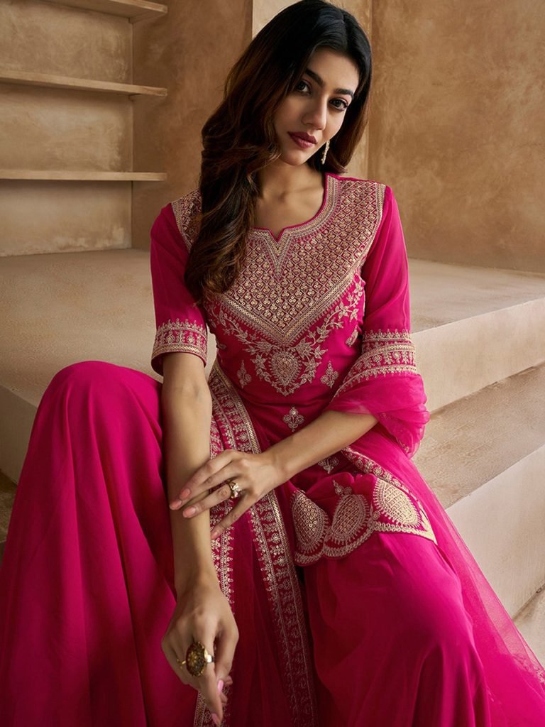 Pink georgette embroidered kurta sharara dupatta set