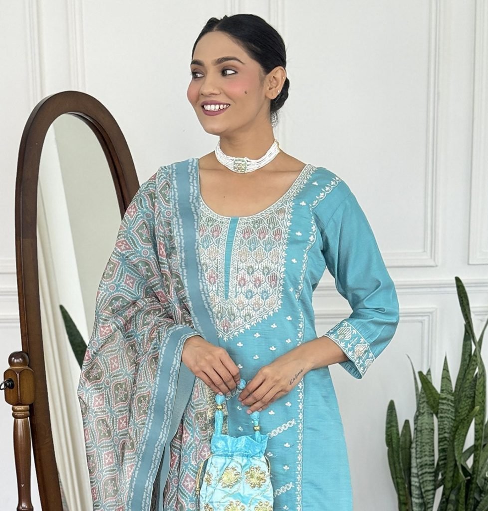 Sky blue vichitra embroidered women’s kurta pent dupatta set