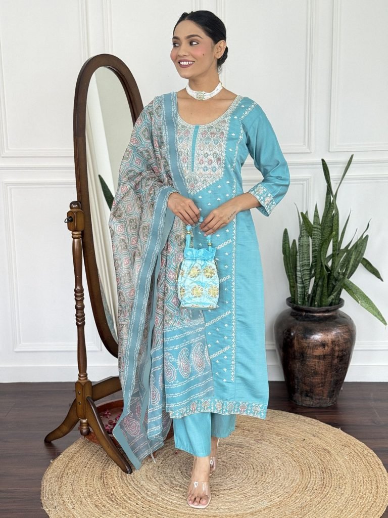 Sky blue vichitra embroidered women’s kurta pent dupatta set