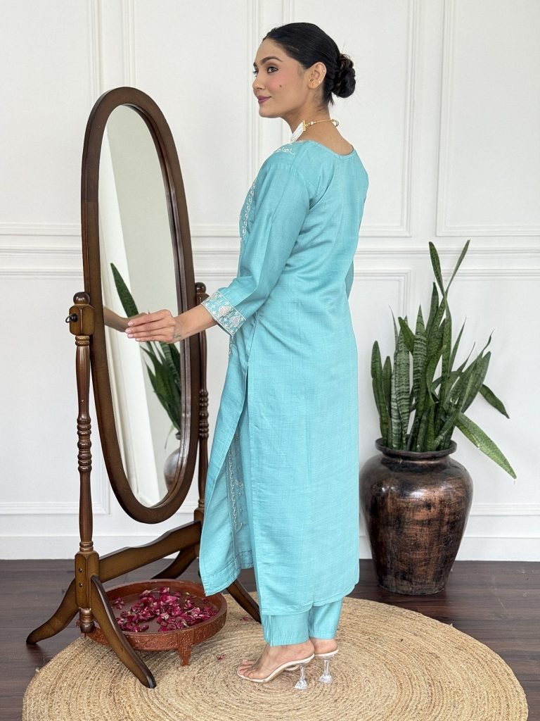 Sky blue vichitra embroidered women’s kurta pent dupatta set