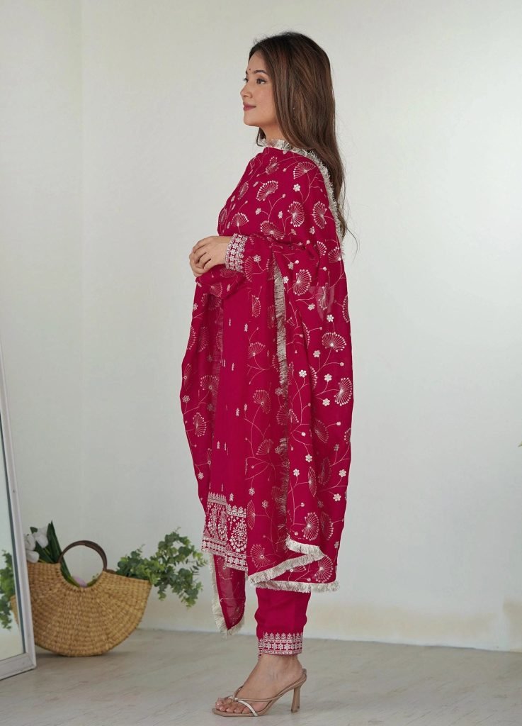 Pink georgette embroidered work Kurta Pant Dupatta Set