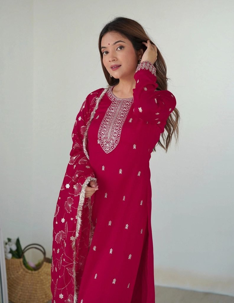 Pink georgette embroidered work Kurta Pant Dupatta Set