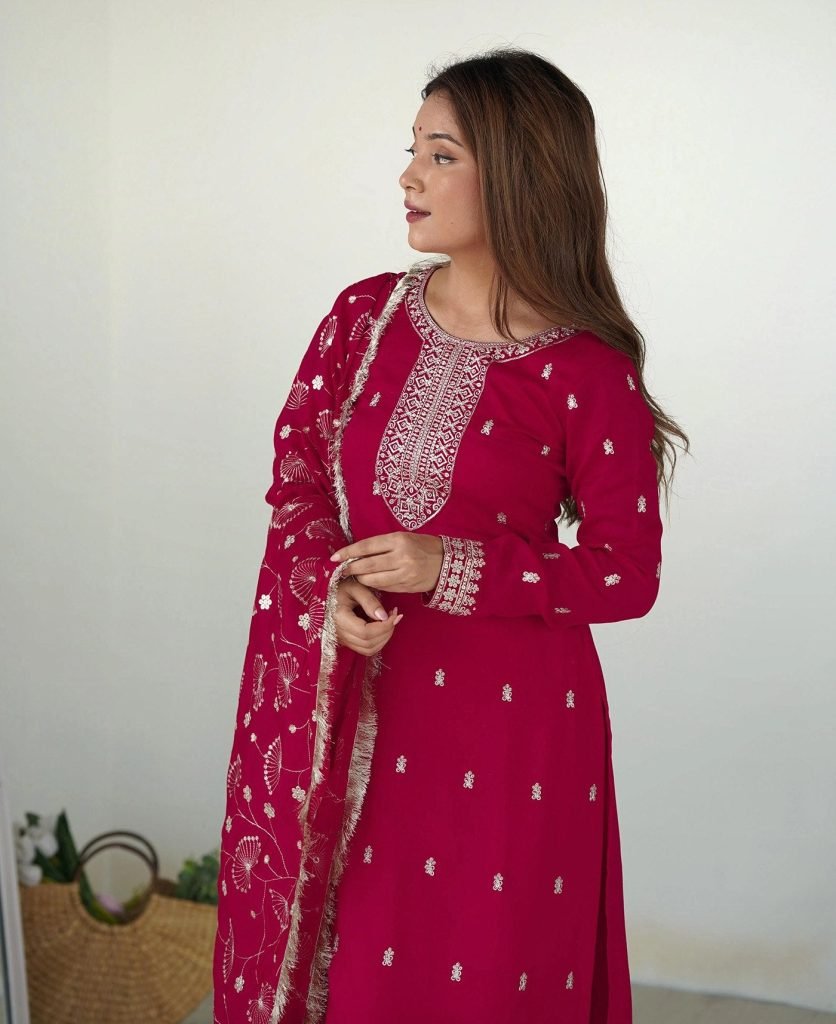 Pink georgette embroidered work Kurta Pant Dupatta Set