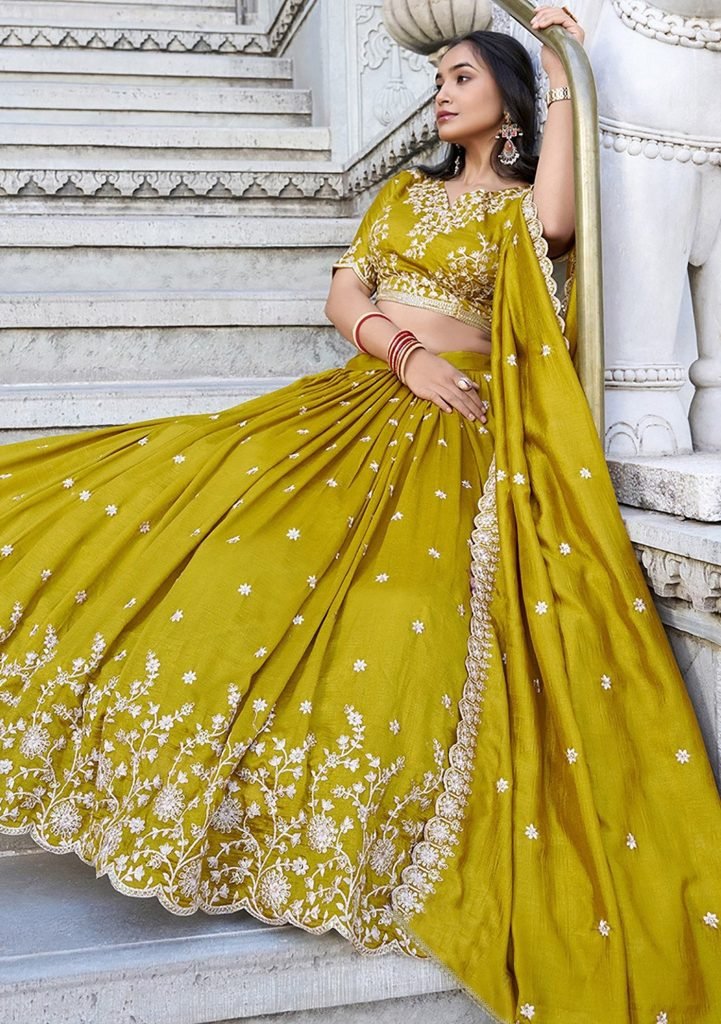 Yellow chinon embroidered zari work lehenga choli