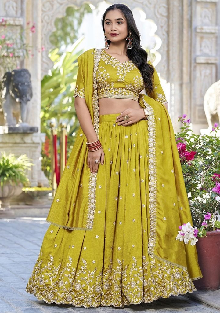 Yellow chinon embroidered zari work lehenga choli