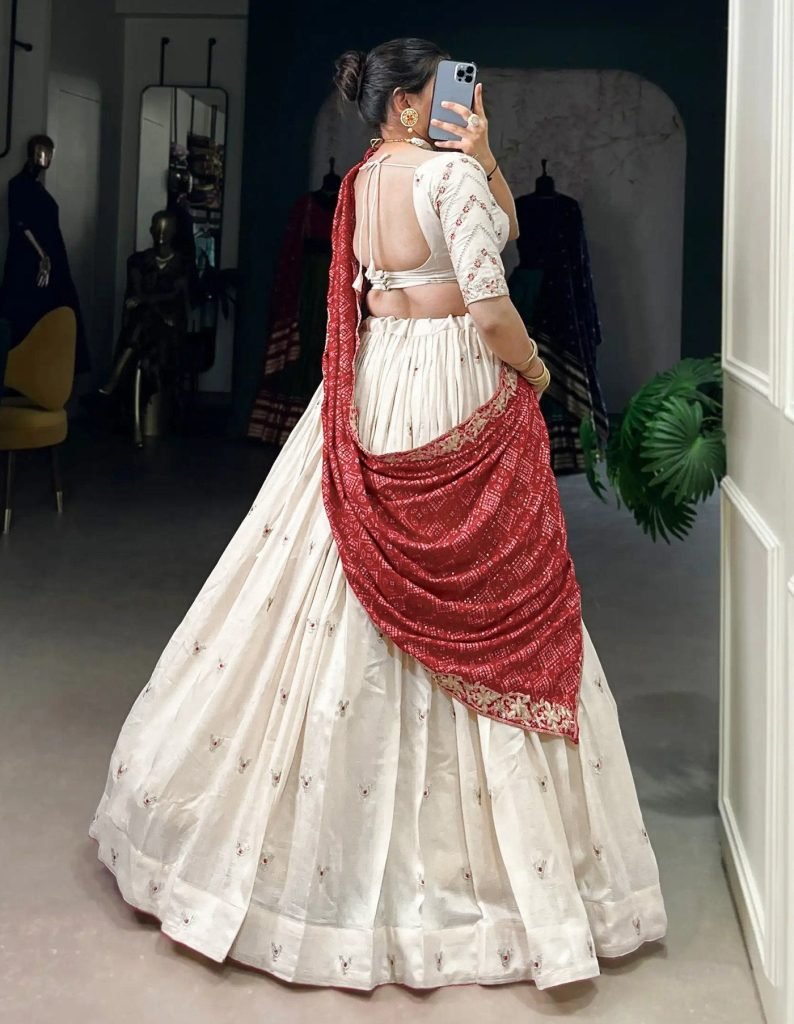White georgette embellished semi stitched lehenga choli