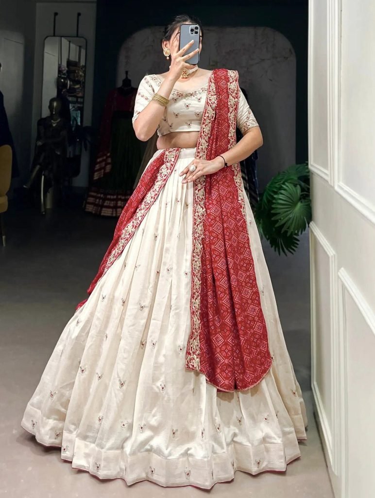 White georgette embellished semi stitched lehenga choli