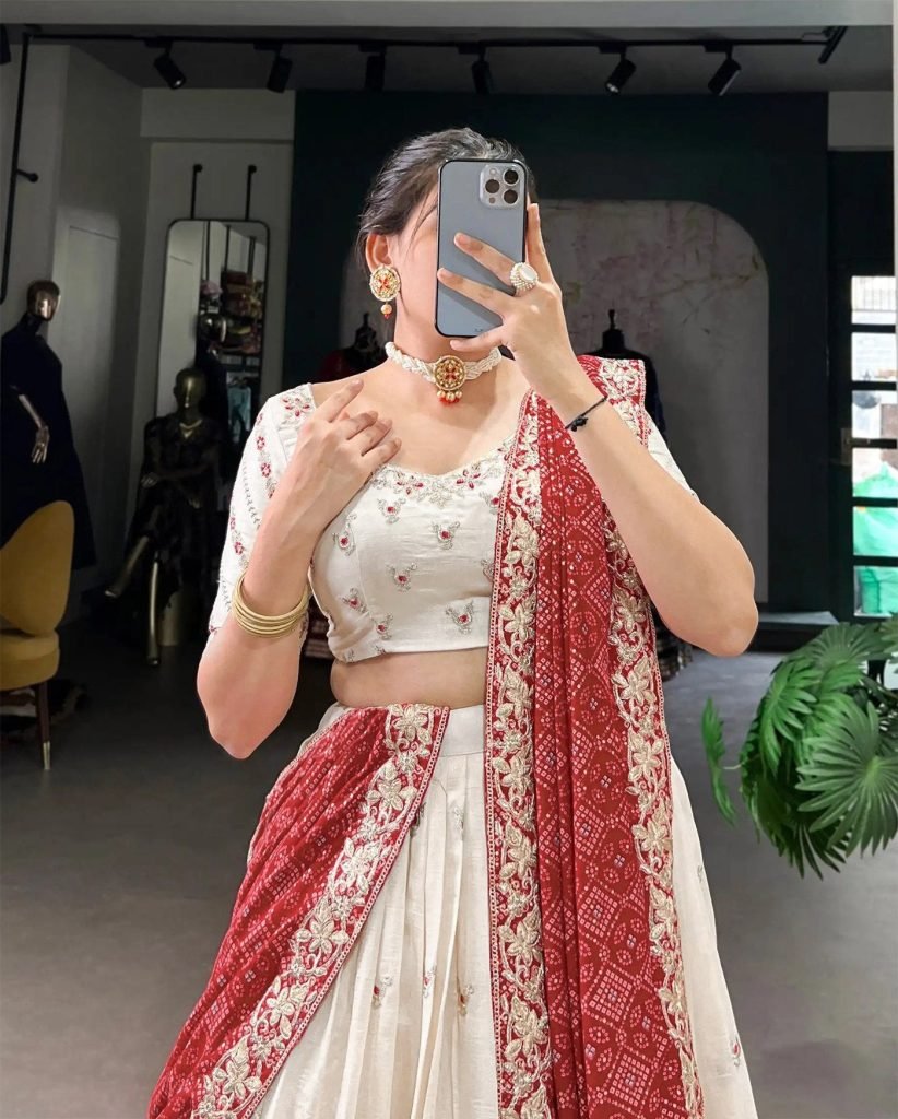 White georgette embellished semi stitched lehenga choli