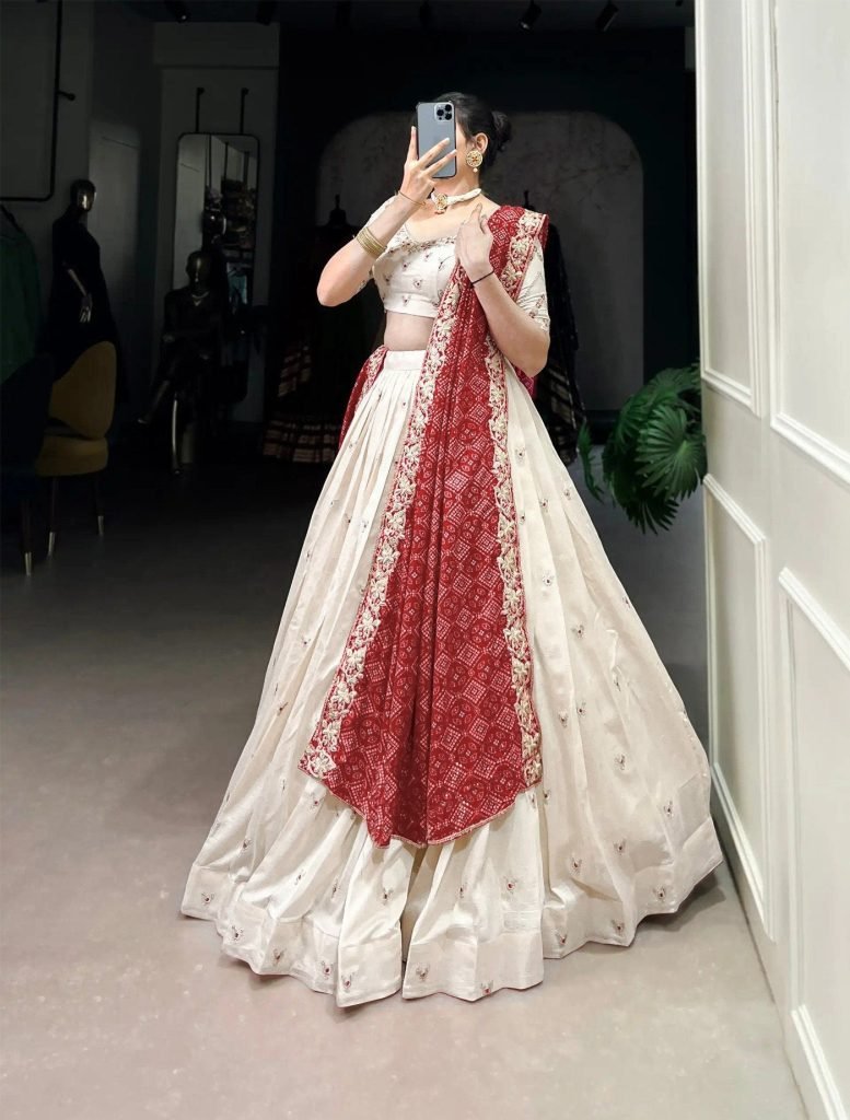 White georgette embellished semi stitched lehenga choli