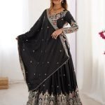 Black chinon embroidered sequins lace semi stitched lehenga choli