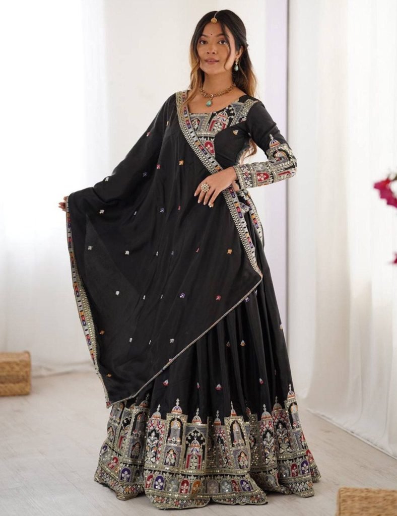 Black chinon embroidered sequins lace semi stitched lehenga choli