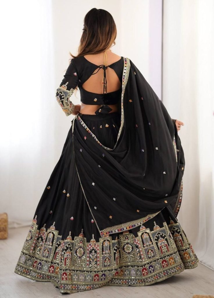 Black chinon embroidered sequins lace semi stitched lehenga choli