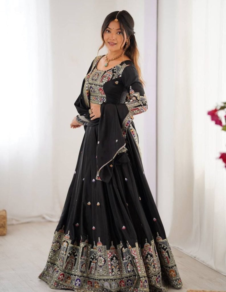 Black chinon embroidered sequins lace semi stitched lehenga choli