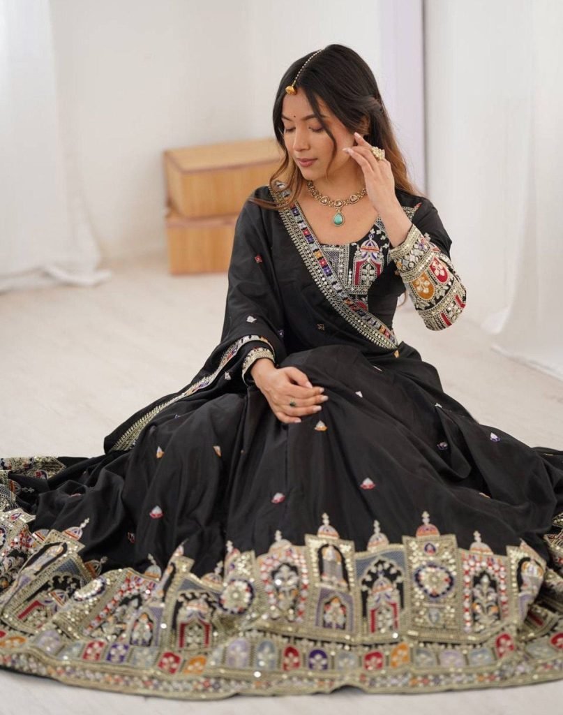 Black chinon embroidered sequins lace semi stitched lehenga choli
