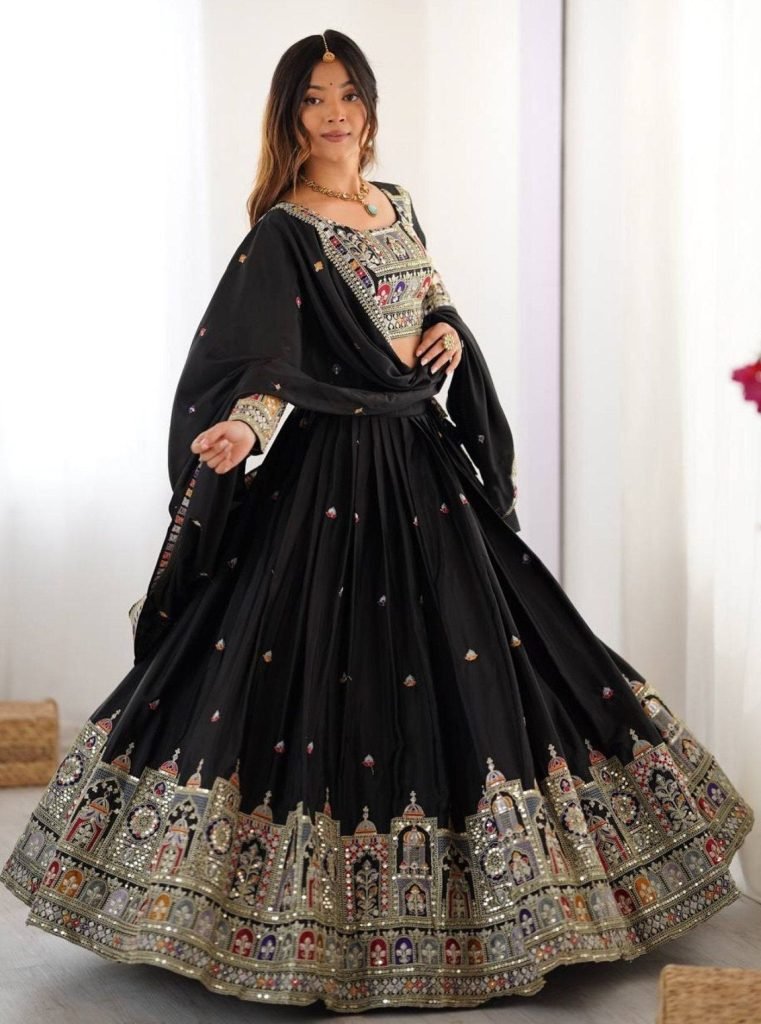 Black chinon embroidered sequins lace semi stitched lehenga choli