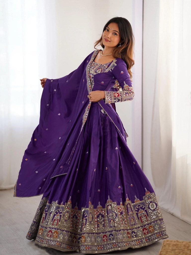 Purple chinon embroidered sequins lace semi stitched lehenga choli