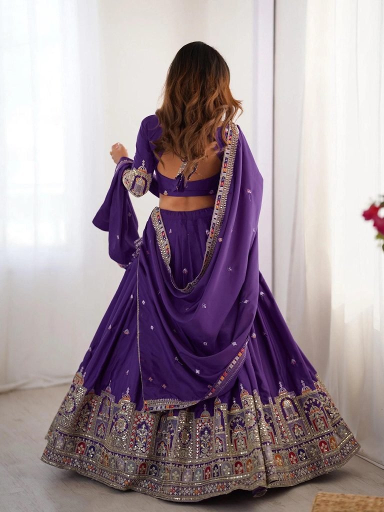 Purple chinon embroidered sequins lace semi stitched lehenga choli