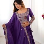 Purple chinon embroidered sequins lace semi stitched lehenga choli