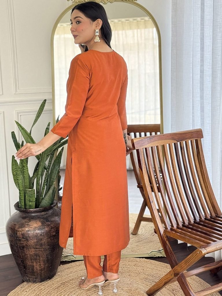 Orange tesla embroidered women’s kurta pent dupatta set