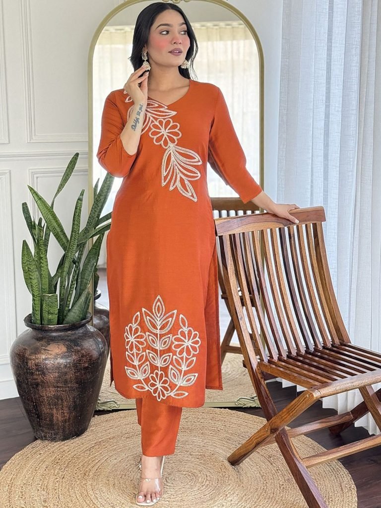 Orange tesla embroidered women’s kurta pent dupatta set