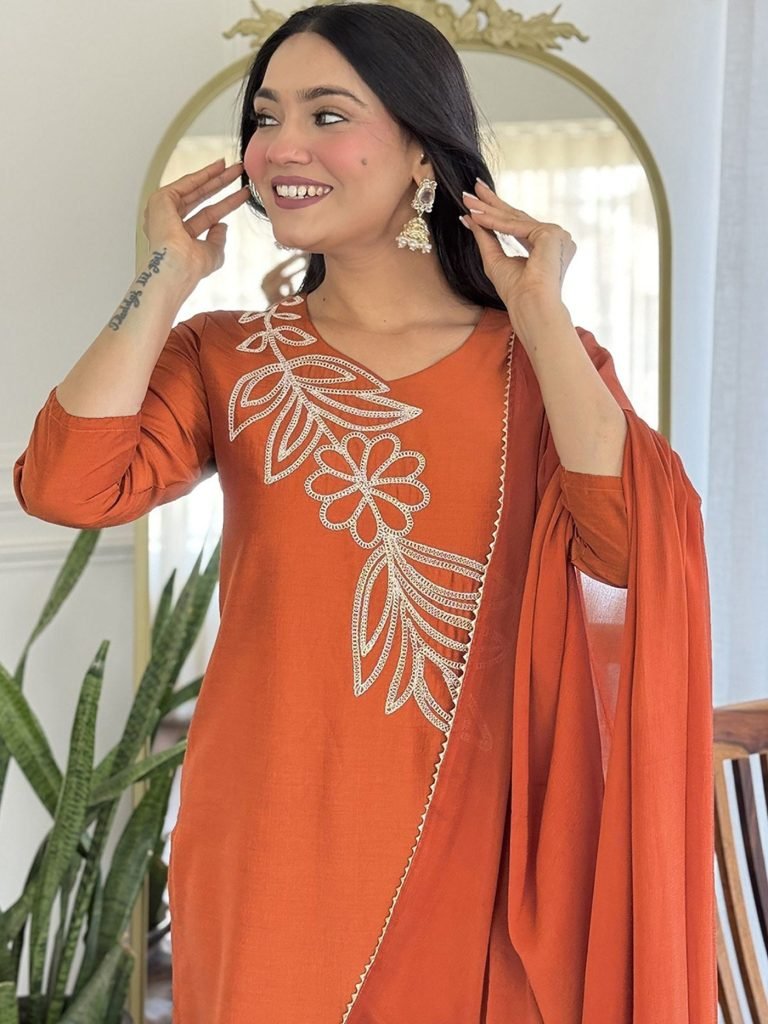 Orange tesla embroidered women’s kurta pent dupatta set
