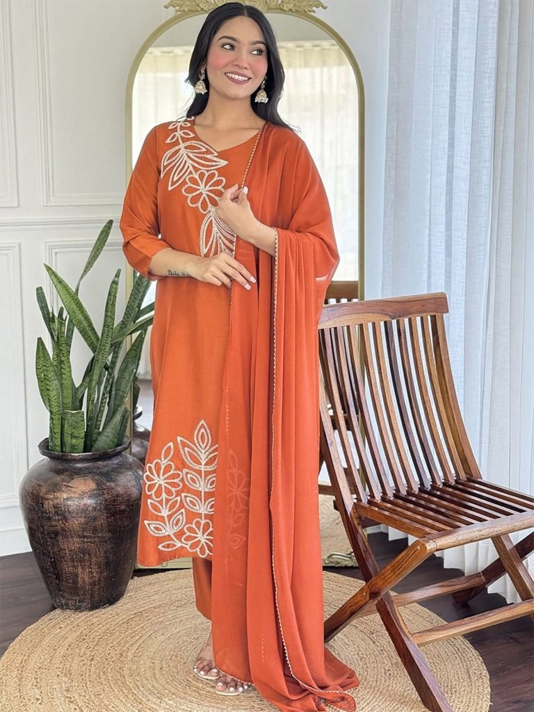 Orange tesla embroidered women’s kurta pent dupatta set