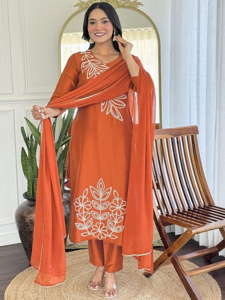 Orange tesla embroidered women’s kurta pent dupatta set