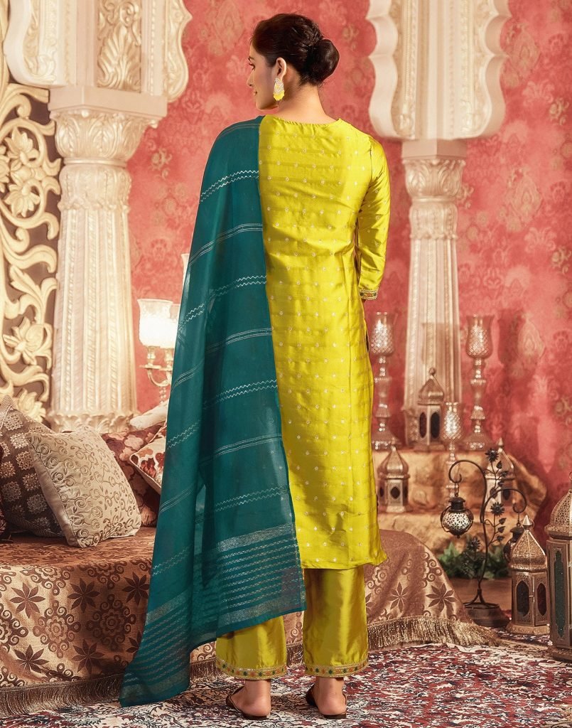 Yellow jacquard woven design women silk kurta pant dupatta set