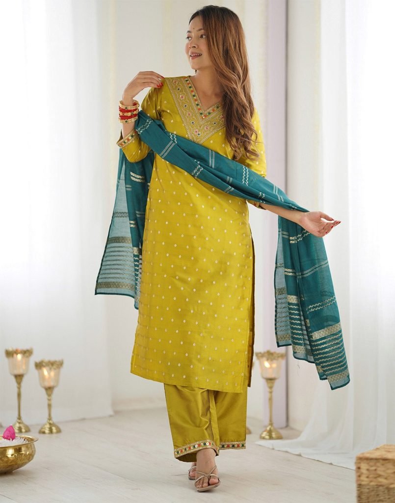 Yellow jacquard woven design women silk kurta pant dupatta set