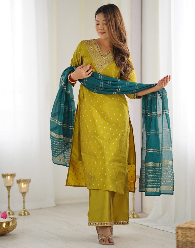 Yellow jacquard woven design women silk kurta pant dupatta set