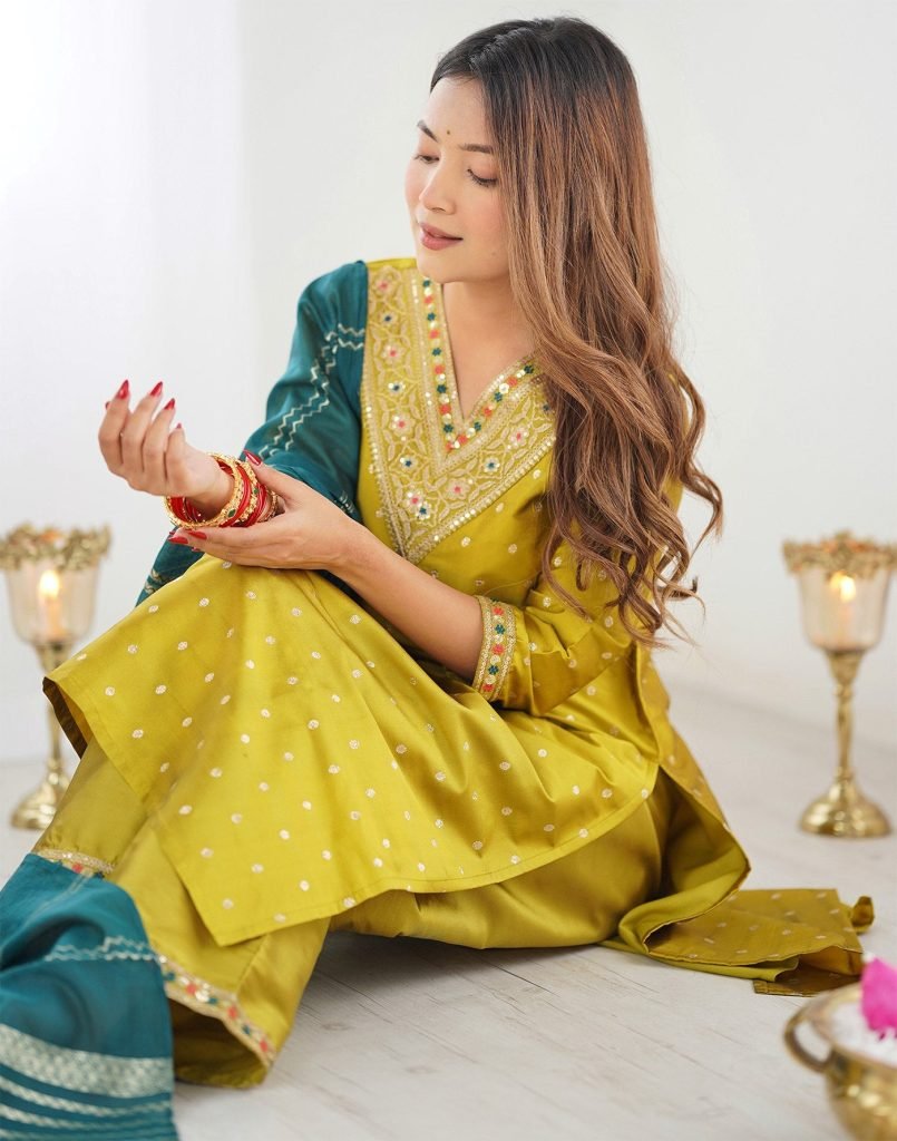 Yellow jacquard woven design women silk kurta pant dupatta set