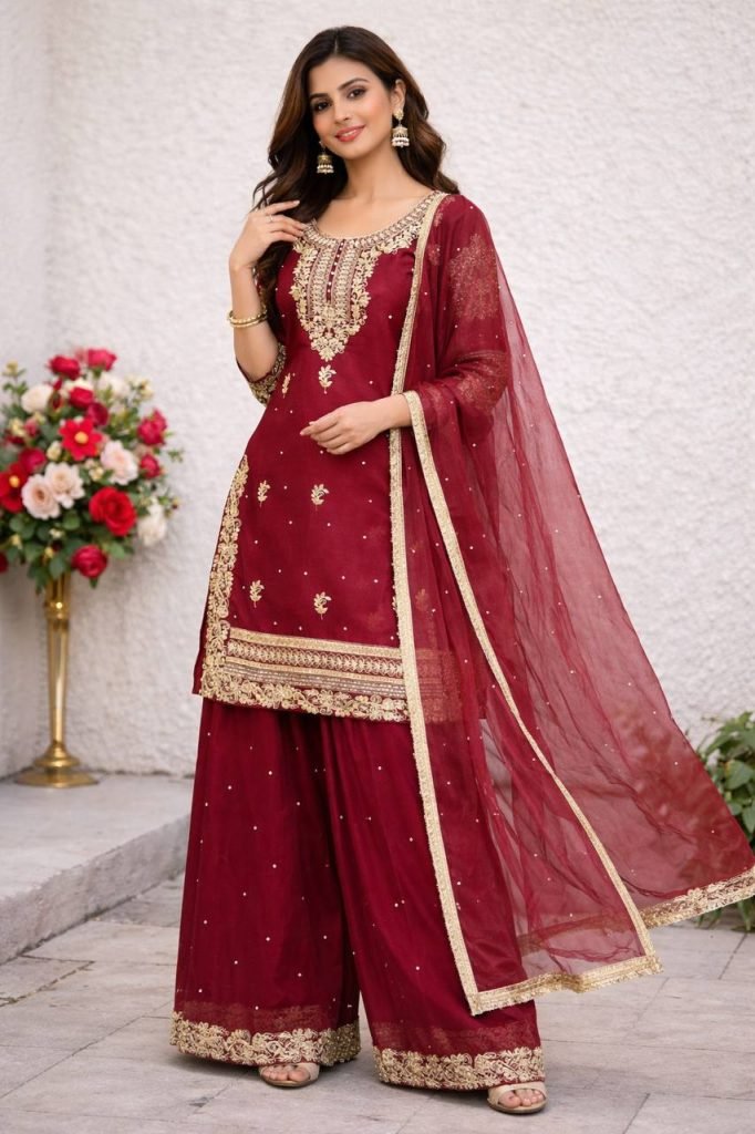 Red gmy silk with heavy embroidery sequence work top palazzo & dupatta set