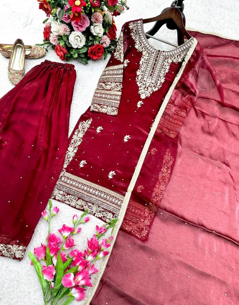 Red gmy silk with heavy embroidery sequence work top palazzo & dupatta set