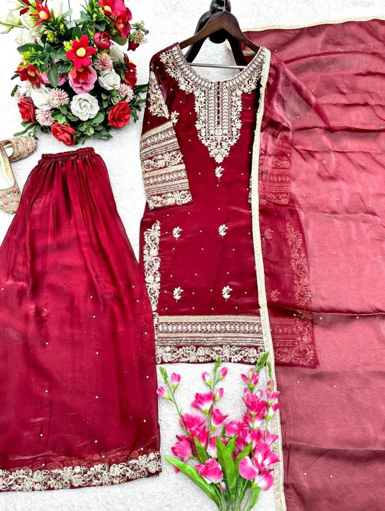 Red gmy silk with heavy embroidery sequence work top palazzo & dupatta set