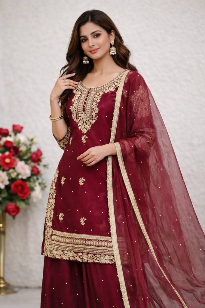 Red gmy silk with heavy embroidery sequence work top palazzo & dupatta set