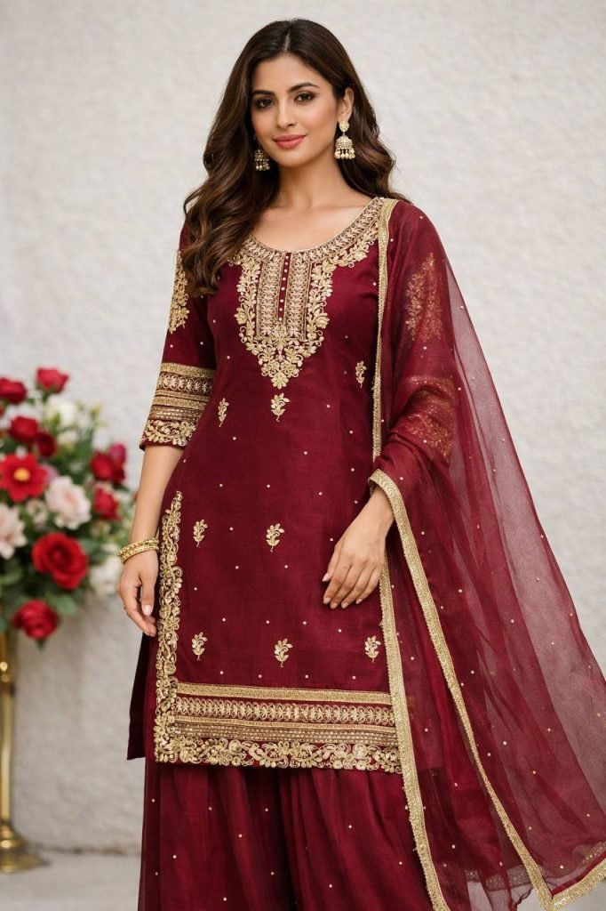 Red gmy silk with heavy embroidery sequence work top palazzo & dupatta set
